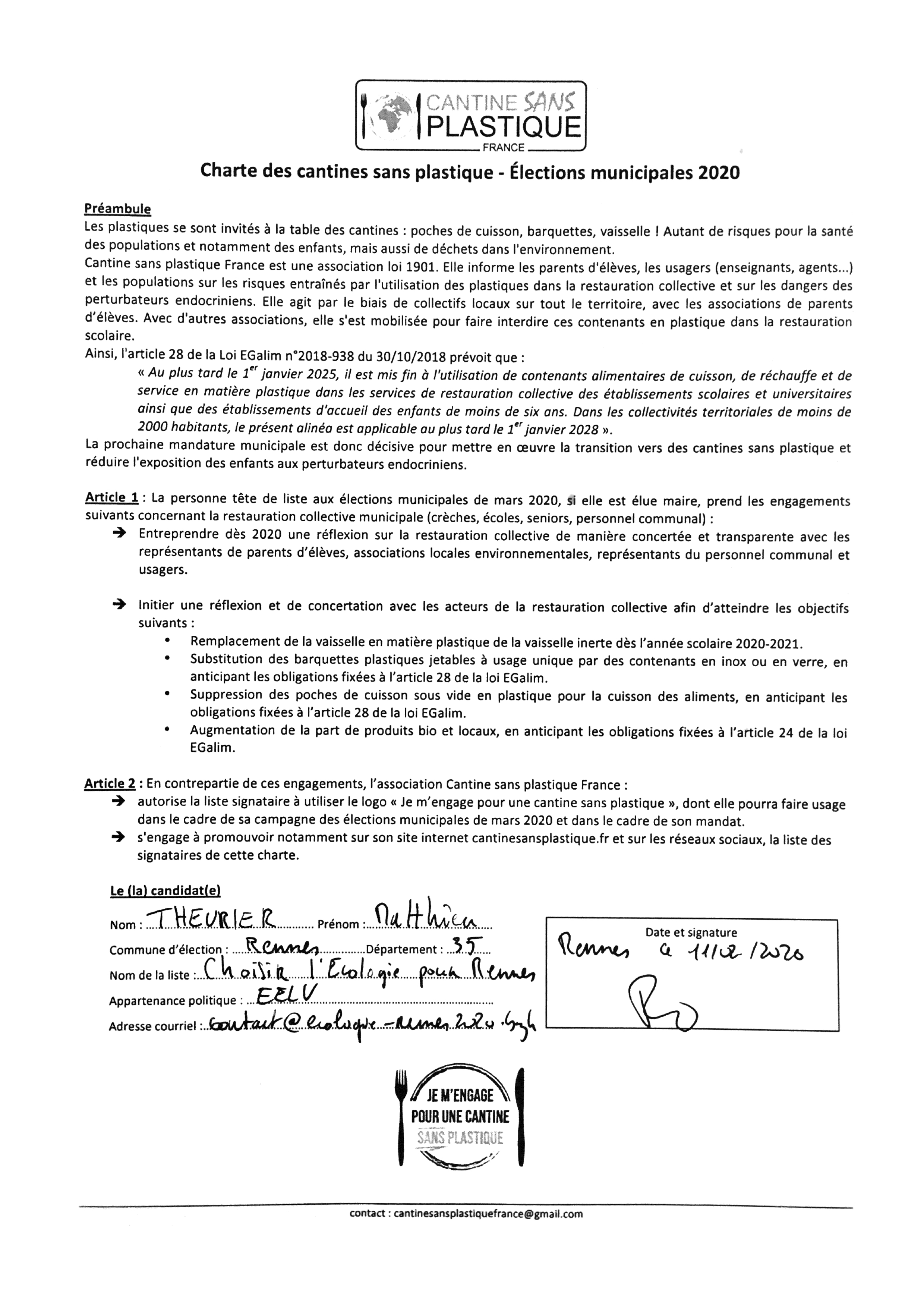 Charte « Cantine sans plastique »